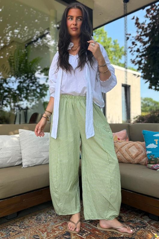 Arbi Gingham Relaxed Barrel Pant Green